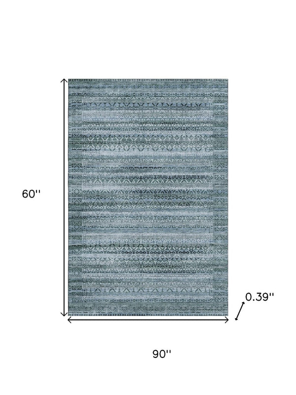 HomeRoots 8' Sage and Blue Striped Washable Round Rug - UV Protected, Stain-Resistant, Ideal for High-Traffic Areas 717806