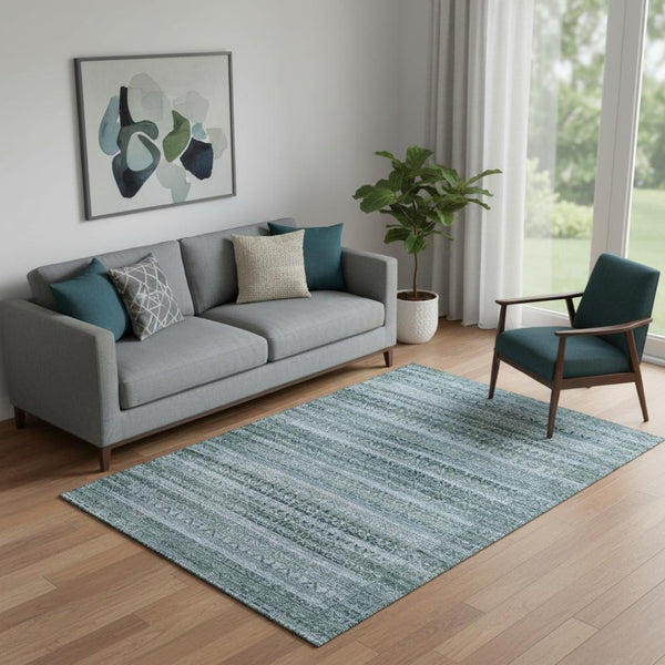 HomeRoots 8' Sage and Blue Striped Washable Round Rug - UV Protected, Stain-Resistant, Ideal for High-Traffic Areas 717806