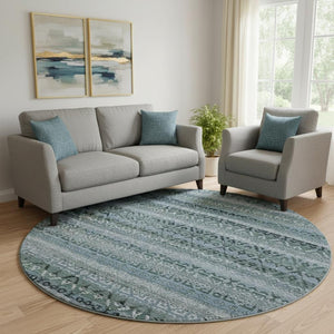 HomeRoots 8' X 10' Sage and Blue Striped Area Rug – Washable, UV Protected, Perfect for Family Homes & Pets 717807