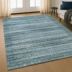 HomeRoots 9' X 12' Sage and Blue Striped Washable Area Rug – Durable, UV-Protected, Perfect for Busy Homes! 717808