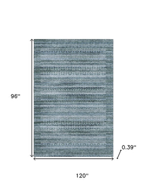 HomeRoots 9' X 12' Sage and Blue Striped Washable Area Rug – Durable, UV-Protected, Perfect for Busy Homes! 717808