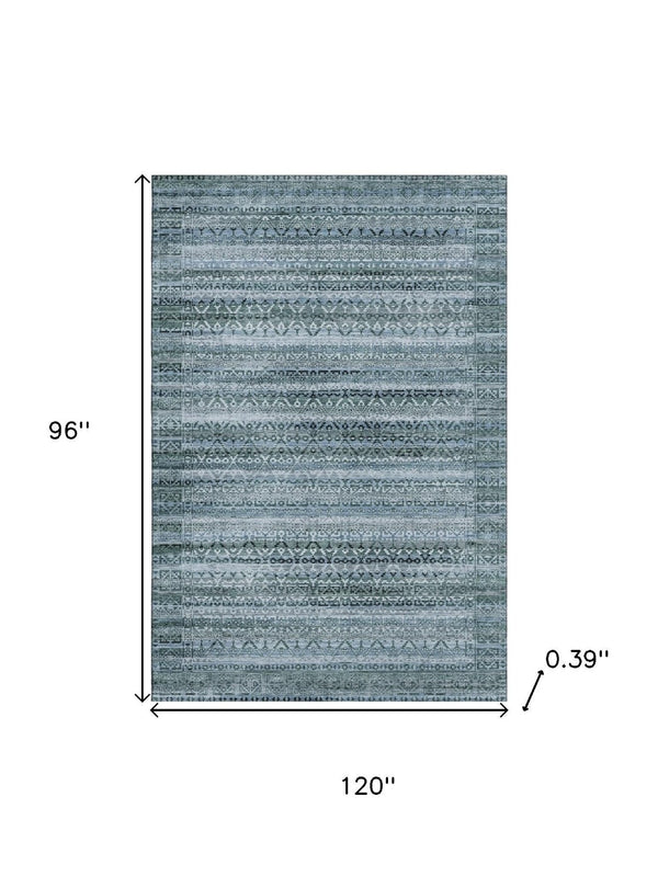 HomeRoots 9' X 12' Sage and Blue Striped Washable Area Rug – Durable, UV-Protected, Perfect for Busy Homes! 717808