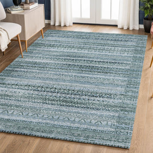 HomeRoots 9' X 12' Sage and Blue Striped Washable Area Rug – Durable, UV-Protected, Perfect for Busy Homes! 717808