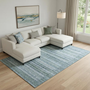 HomeRoots 9' X 12' Sage and Blue Striped Washable Area Rug – Durable, UV-Protected, Perfect for Busy Homes! 717808