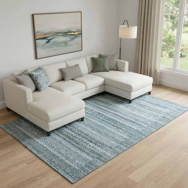 HomeRoots 9' X 12' Sage and Blue Striped Washable Area Rug – Durable, UV-Protected, Perfect for Busy Homes! 717808