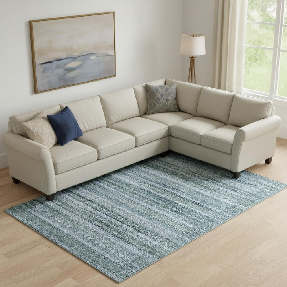 HomeRoots 10' X 14' Sage and Blue Striped Washable Area Rug – Durable, UV-Protected Comfort for Busy Homes 717809