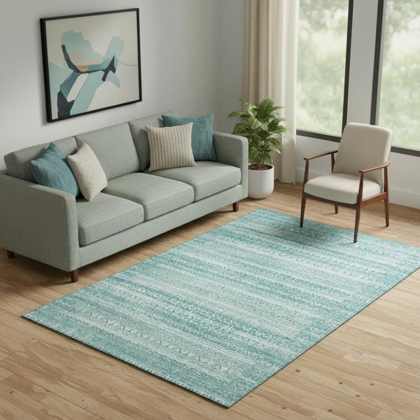 HomeRoots 8' Aqua and Ivory Striped Round Rug - Washable, UV Protected, Soft, Durable, Ideal for Busy Homes 717812