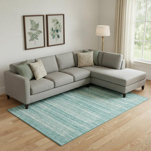 HomeRoots 9' X 12' Aqua Striped Washable Area Rug with UV Protection, Stain Resistance & Non-Slip Backing 717814