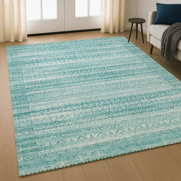 HomeRoots 10' Aqua and Ivory Striped Area Rug - Washable, UV Protected, Durable, Perfect for Coastal Decor! 717815