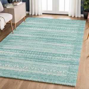 HomeRoots 10' Aqua and Ivory Striped Area Rug - Washable, UV Protected, Durable, Perfect for Coastal Decor! 717815