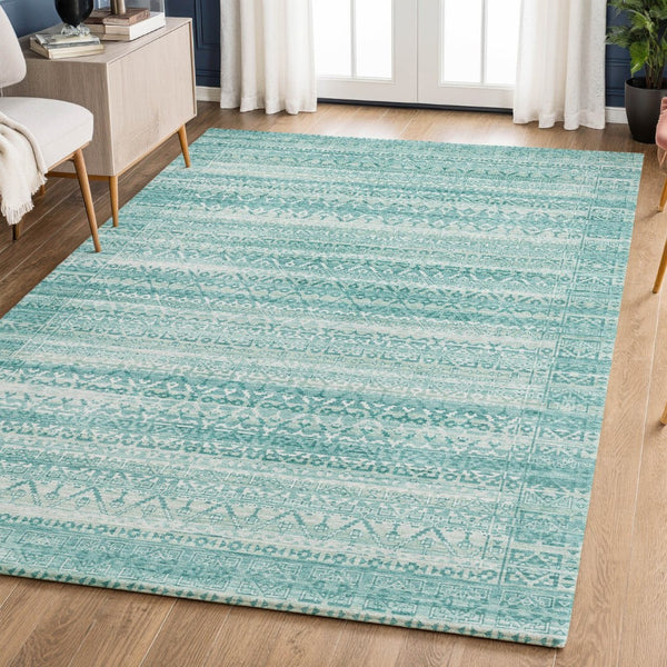 HomeRoots 10' Aqua and Ivory Striped Area Rug - Washable, UV Protected, Durable, Perfect for Coastal Decor! 717815