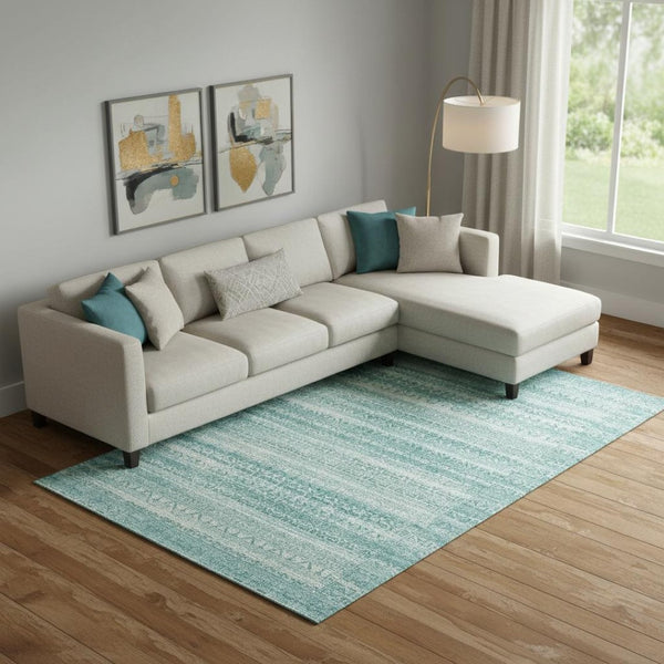 HomeRoots 10' Aqua and Ivory Striped Area Rug - Washable, UV Protected, Durable, Perfect for Coastal Decor! 717815