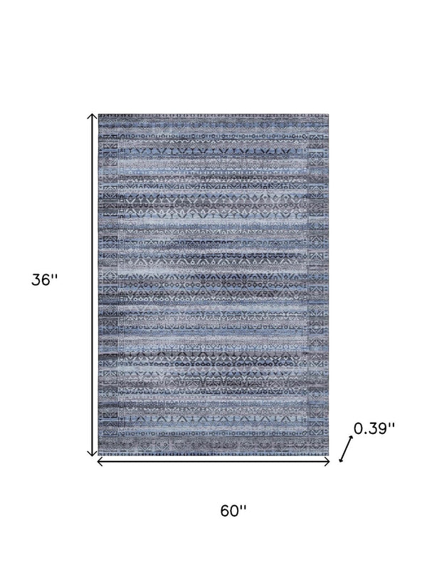 HomeRoots 5' X 8' Stylish Blue and Charcoal Striped Area Rug - Washable, UV Protected, Ideal for Busy Homes 717823