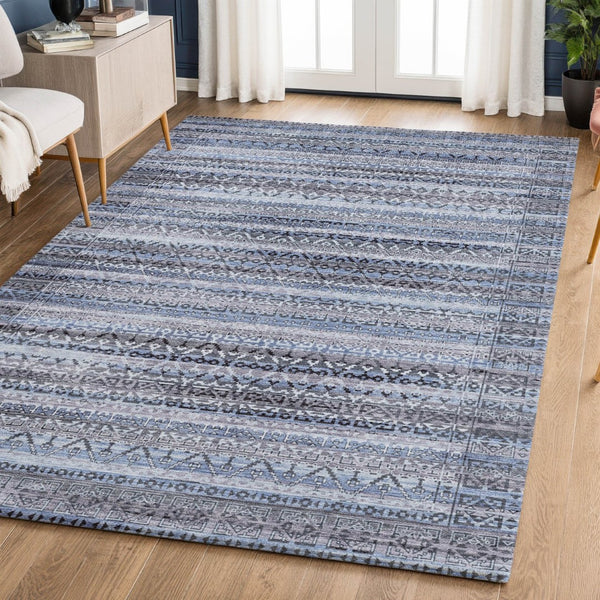 HomeRoots 5' X 8' Stylish Blue and Charcoal Striped Area Rug - Washable, UV Protected, Ideal for Busy Homes 717823