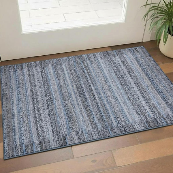 HomeRoots 5' X 8' Stylish Blue and Charcoal Striped Area Rug - Washable, UV Protected, Ideal for Busy Homes 717823