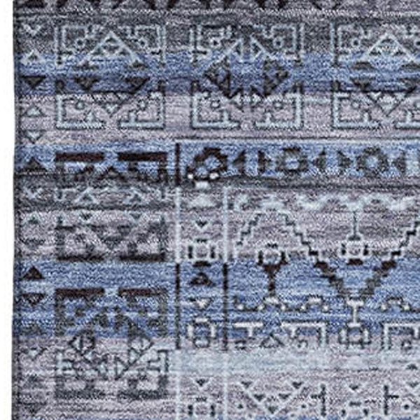 HomeRoots 8' Blue and Charcoal Striped Washable Round Rug - UV Protected, Durable & Ideal for Family Homes 717824