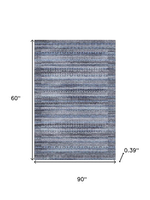 HomeRoots 8' Blue and Charcoal Striped Washable Round Rug - UV Protected, Durable & Ideal for Family Homes 717824
