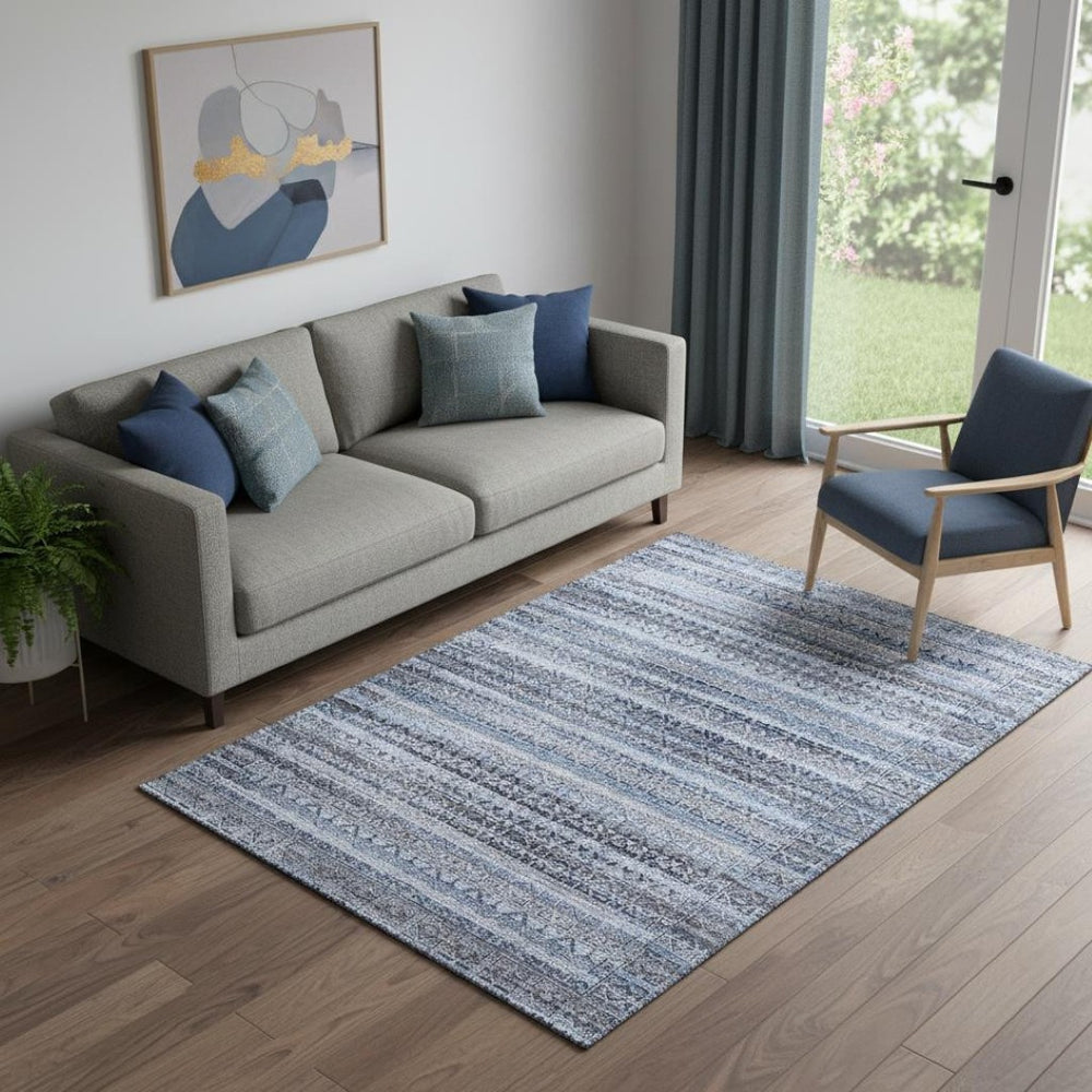 HomeRoots 8' Blue and Charcoal Striped Washable Round Rug - UV Protected, Durable & Ideal for Family Homes 717824