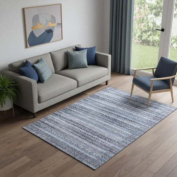 HomeRoots 8' Blue and Charcoal Striped Washable Round Rug - UV Protected, Durable & Ideal for Family Homes 717824