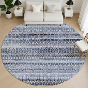 HomeRoots 8' X 10' Blue & Charcoal Striped Washable Area Rug - Durable, UV-Protected, Perfect for Families! 717825