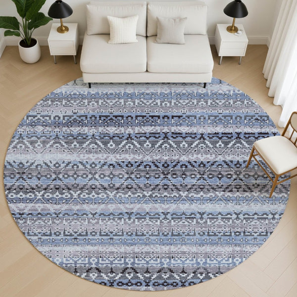 HomeRoots 8' X 10' Blue & Charcoal Striped Washable Area Rug - Durable, UV-Protected, Perfect for Families! 717825