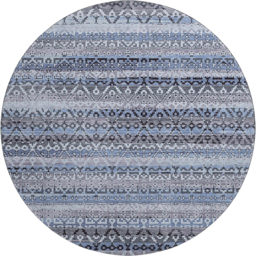 HomeRoots 8' X 10' Blue & Charcoal Striped Washable Area Rug - Durable, UV-Protected, Perfect for Families! 717825