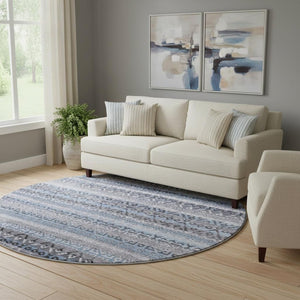 HomeRoots 8' X 10' Blue & Charcoal Striped Washable Area Rug - Durable, UV-Protected, Perfect for Families! 717825