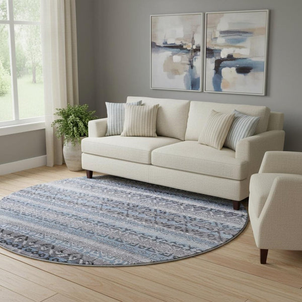 HomeRoots 8' X 10' Blue & Charcoal Striped Washable Area Rug - Durable, UV-Protected, Perfect for Families! 717825
