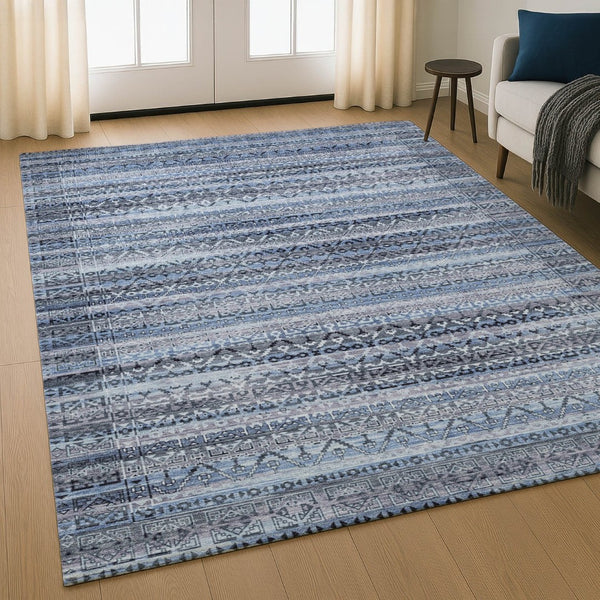 HomeRoots 9' Blue and Charcoal Striped Washable Area Rug – Durable, UV Protected, Ideal for High-Traffic Spaces 717826