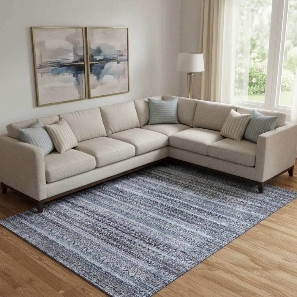 HomeRoots 9' Blue and Charcoal Striped Washable Area Rug – Durable, UV Protected, Ideal for High-Traffic Spaces 717826