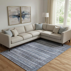 HomeRoots 9' Blue and Charcoal Striped Washable Area Rug – Durable, UV Protected, Ideal for High-Traffic Spaces 717826