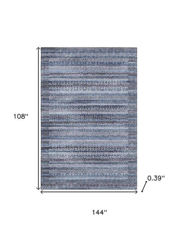 HomeRoots 10' Blue & Charcoal Striped Washable Area Rug – UV-Protected, Durable, Stain-Resistant Design for Homes 717827
