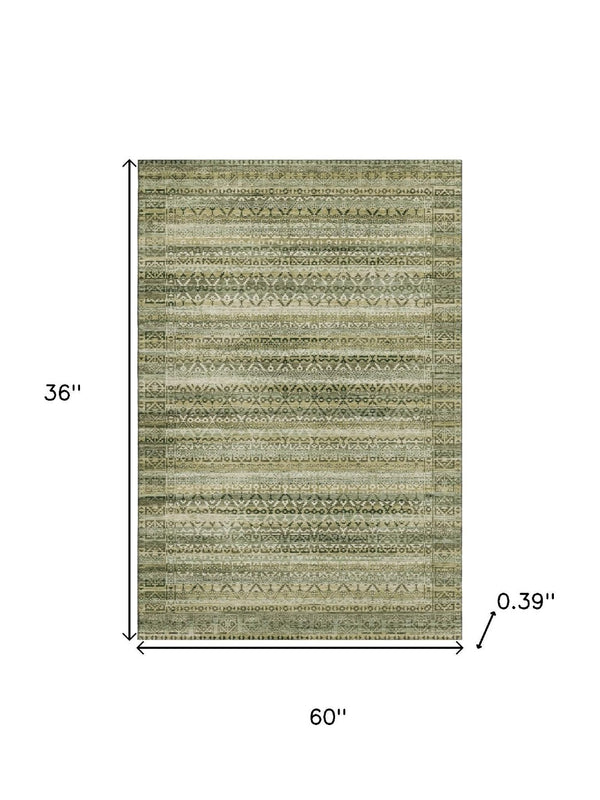 HomeRoots 5' X 8' Green & Charcoal Striped Washable Area Rug with UV Protection for Durable Everyday Living 717829