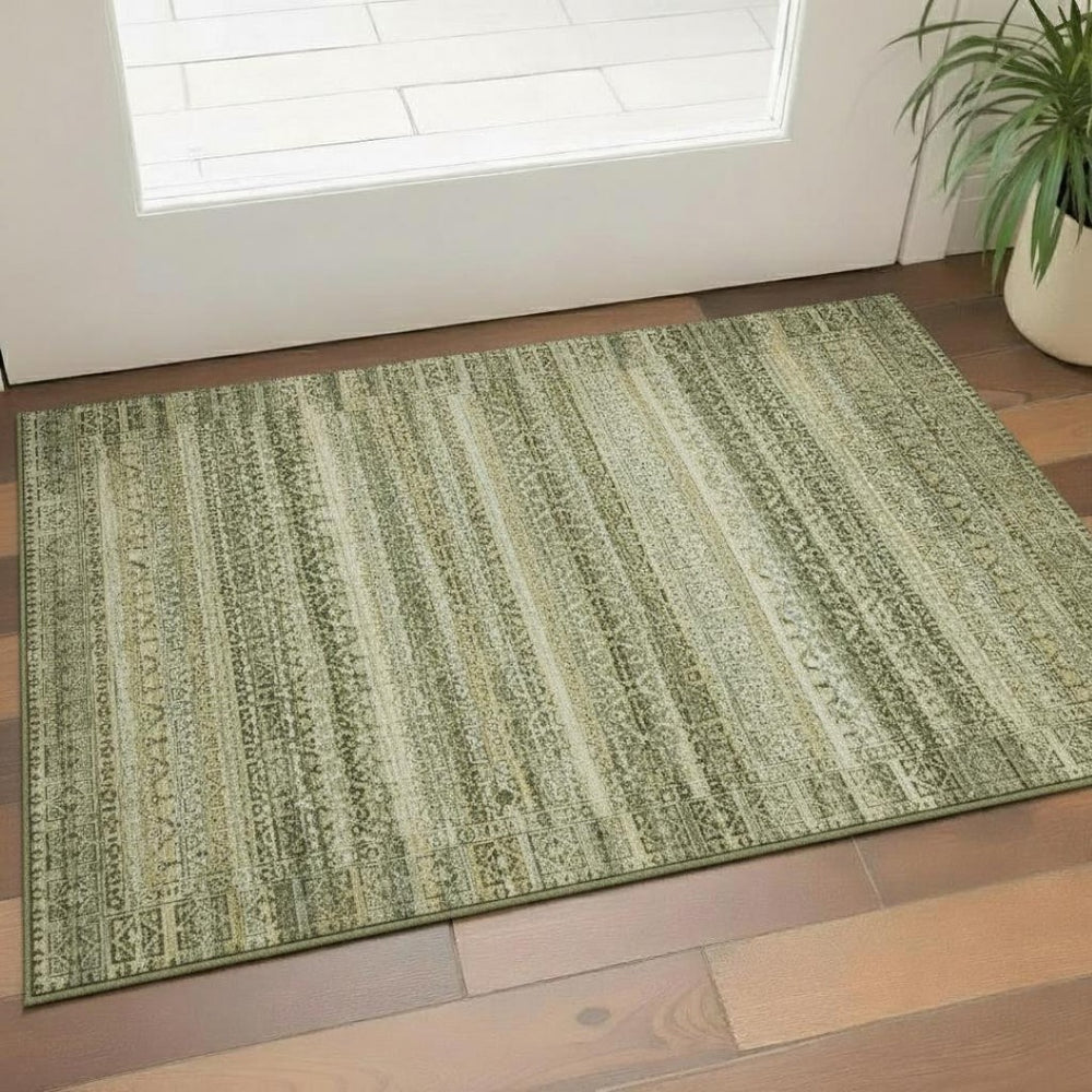 HomeRoots 5' X 8' Green & Charcoal Striped Washable Area Rug with UV Protection for Durable Everyday Living 717829