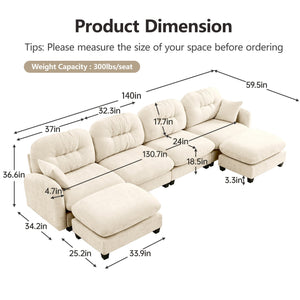English Elm Modular U-Shaped Sectional Sofa With Ottoman, Soft Chenille Fabric, Tufted Backrest, Elegant Design W714S01373