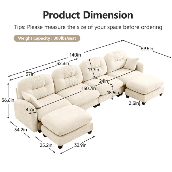 English Elm Modular U-Shaped Sectional Sofa With Ottoman, Soft Chenille Fabric, Tufted Backrest, Elegant Design W714S01373