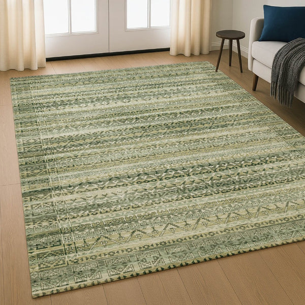 HomeRoots 9' X 12' Green & Charcoal Striped Washable Area Rug – Durable, UV-Protected, Perfect for Busy Homes! 717832
