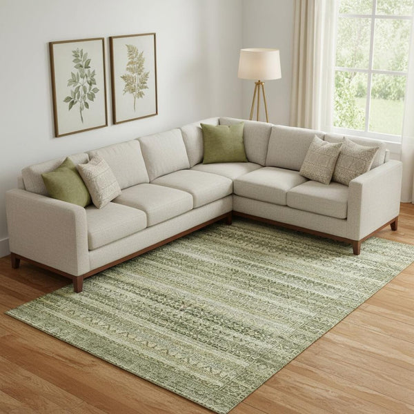 HomeRoots 10' Green & Charcoal Striped Washable Area Rug – UV Protected, Stain-Resistant, Durable for Homes 717833