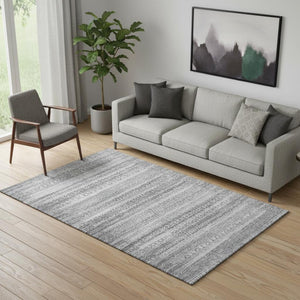 HomeRoots 8' Gray and Silver Striped Washable Round Rug with UV Protection - Durable, Stylish, and Easy Care! 717836