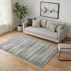 HomeRoots 8' Stylish Pewter & Charcoal Striped Round Rug – Washable, UV Protected, Perfect for High-Traffic Areas 717842