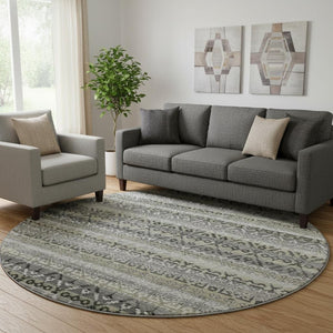 HomeRoots 8' X 10' Stylish Pewter Charcoal Striped Washable Area Rug with UV Protection for Family Homes 717843