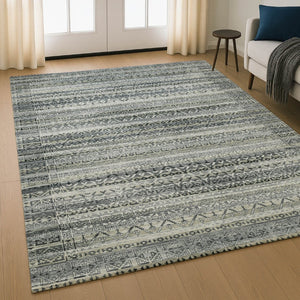 HomeRoots 9' X 12' Stylish Pewter and Charcoal Striped Washable Area Rug with UV Protection for Busy Homes 717844
