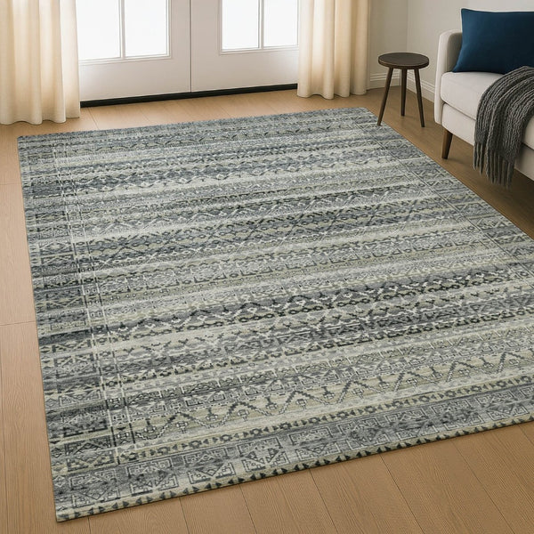 HomeRoots 9' X 12' Stylish Pewter and Charcoal Striped Washable Area Rug with UV Protection for Busy Homes 717844