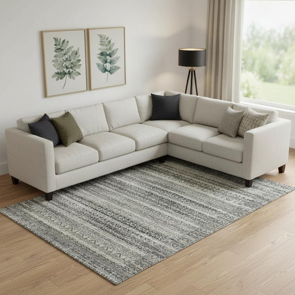HomeRoots 9' X 12' Stylish Pewter and Charcoal Striped Washable Area Rug with UV Protection for Busy Homes 717844