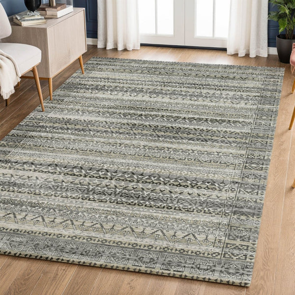 HomeRoots 10' X 14' Striped Washable Area Rug with UV Protection – Durable Pewter & Charcoal Design for Homes! 717845