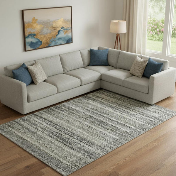 HomeRoots 10' X 14' Striped Washable Area Rug with UV Protection – Durable Pewter & Charcoal Design for Homes! 717845