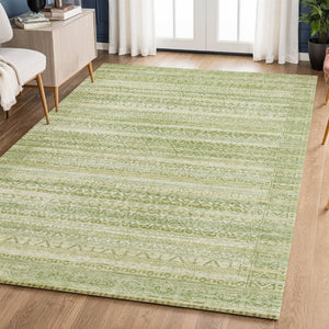 HomeRoots 10' X 14' Sage & Beige Striped Area Rug - Washable, UV Protected, Perfect for Family & Pets 717851