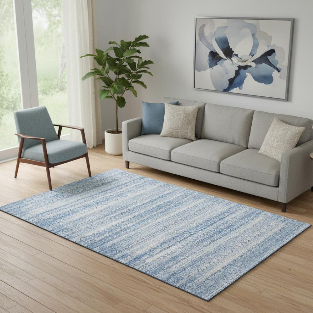 HomeRoots 8' Sky Blue & Ivory Striped Round Rug – Washable, UV Protected, Durable for Busy Homes & Kids 717854