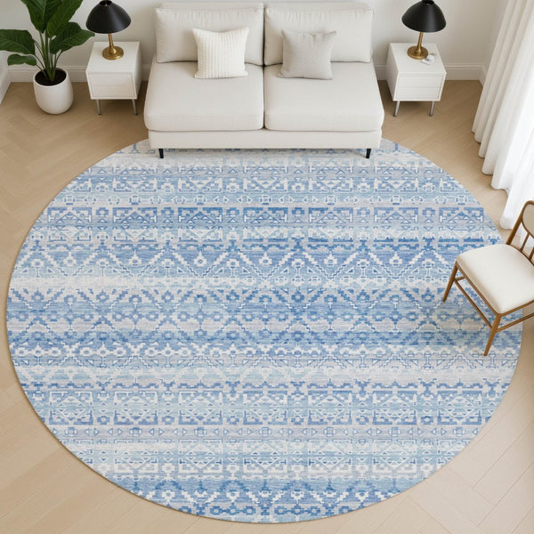 HomeRoots 8' X 10' Sky Blue & Ivory Striped Washable Area Rug - Durable, UV-Protected, Kid & Pet Friendly! 717855