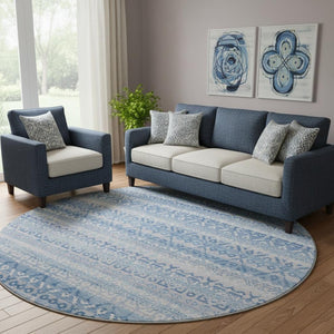 HomeRoots 8' X 10' Sky Blue & Ivory Striped Washable Area Rug - Durable, UV-Protected, Kid & Pet Friendly! 717855